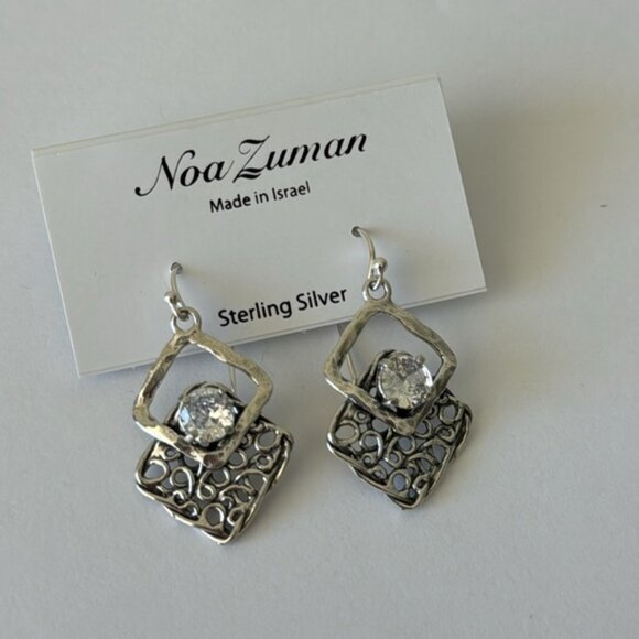 Noa Zuman Sterling Silver 925 Earrings Filigree w CZ Stone Israel 1.5in long - Picture 3 of 15